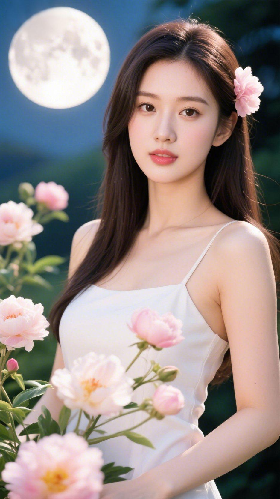 白裙伴花映月柔
 
浅白裙身裹着软绵的光，细肩带轻落肩头，像把晚空的月意揉进了衣