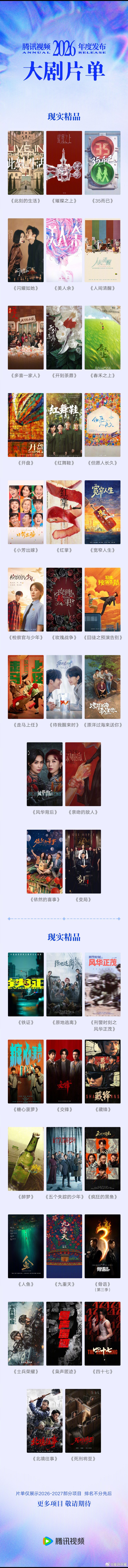鹅厂2026大剧片单长卷精品 现实精品 爱恋精品 幻像精品 古装精品 网络故事片