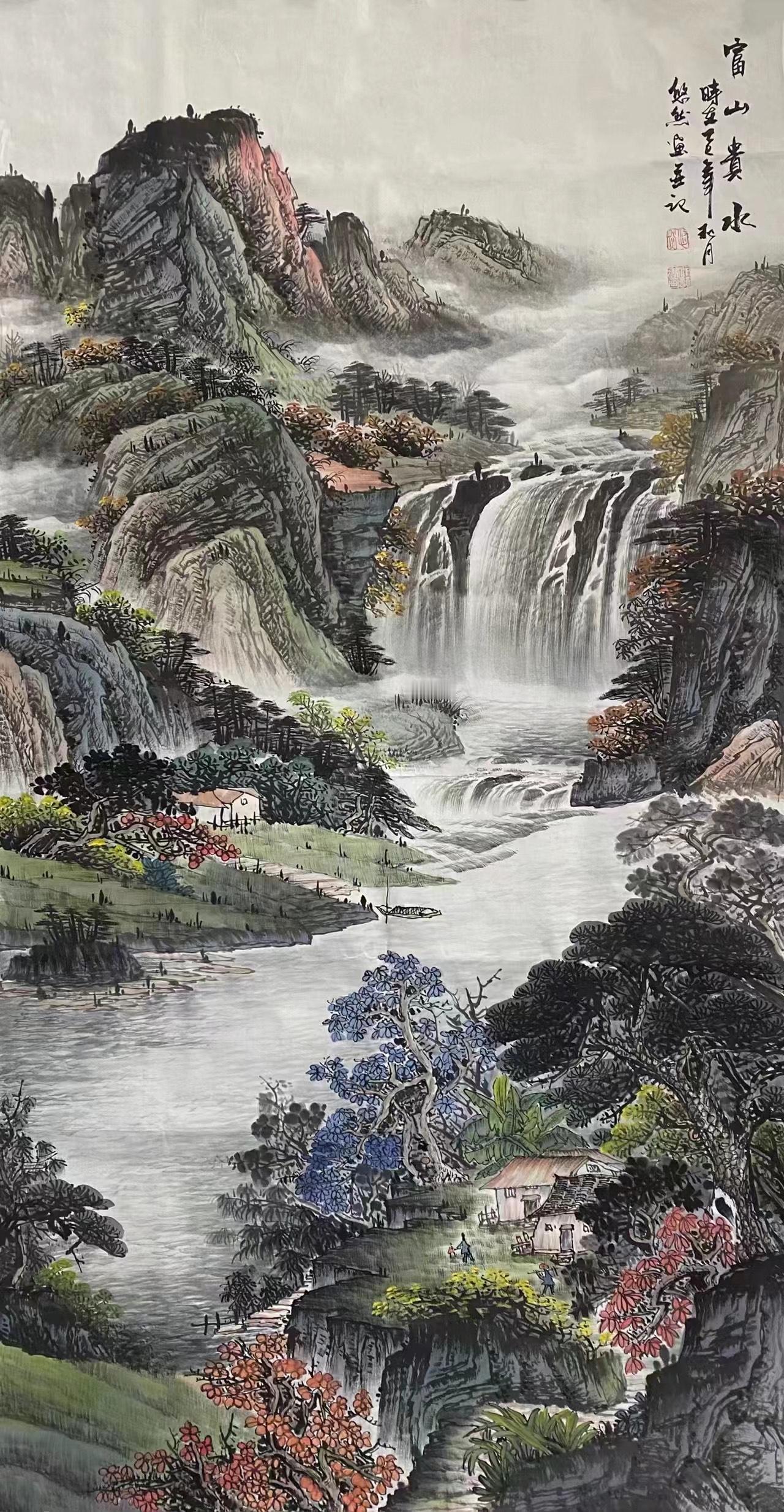 《观秀水明山山水画》有感
秀水明山兆蓝天，
清心悦目心自安。
茅屋隐林人生梦，