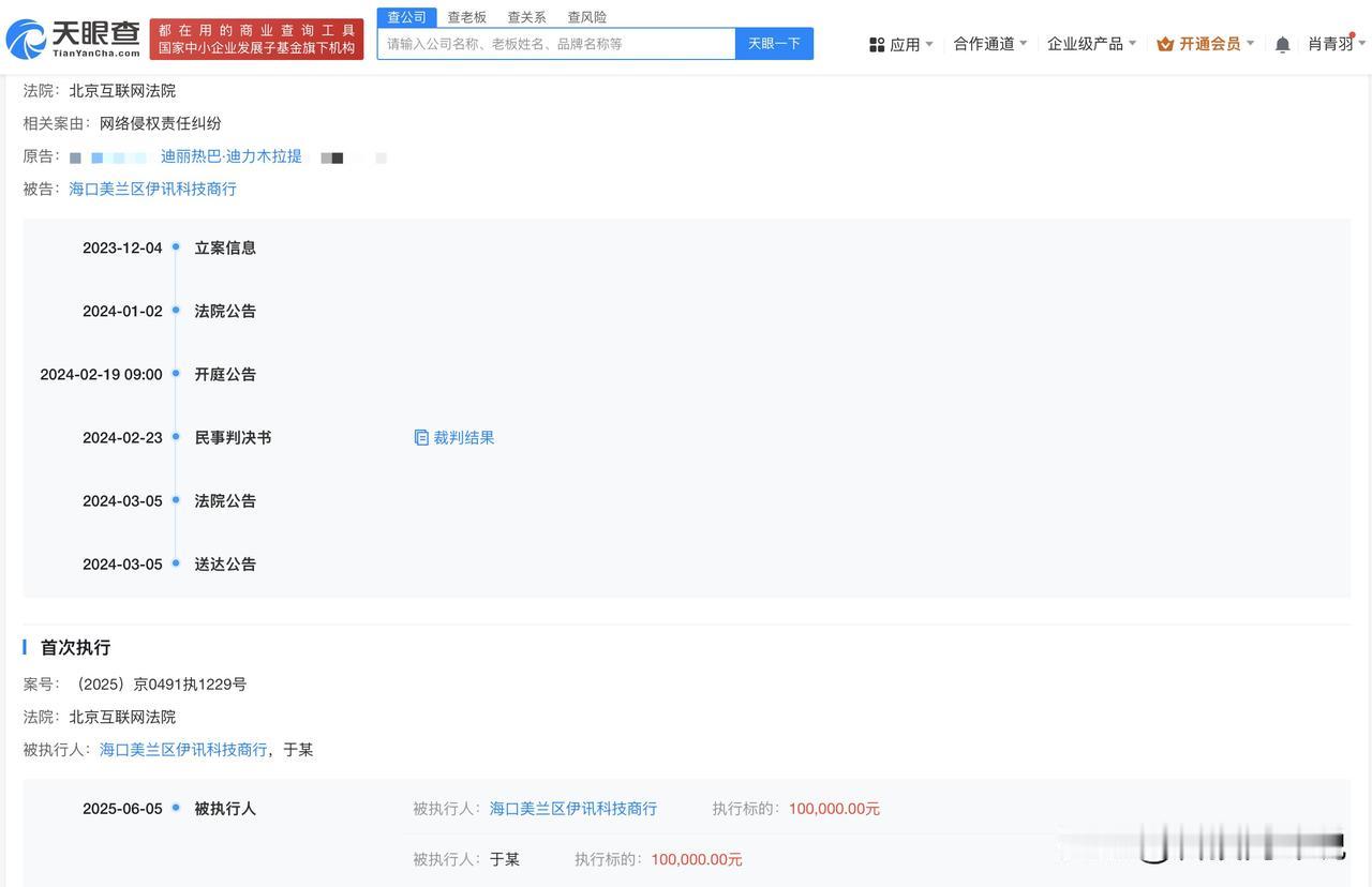 【迪丽热巴维权获赔10万 侵权迪丽热巴商行等被执行10万】
天眼查法律诉讼信息显