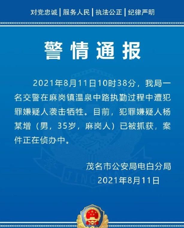 最近在广东茂名市电白区发生了件事，一名交警在街上被人砍伤了。据说那名嫌犯没带头盔