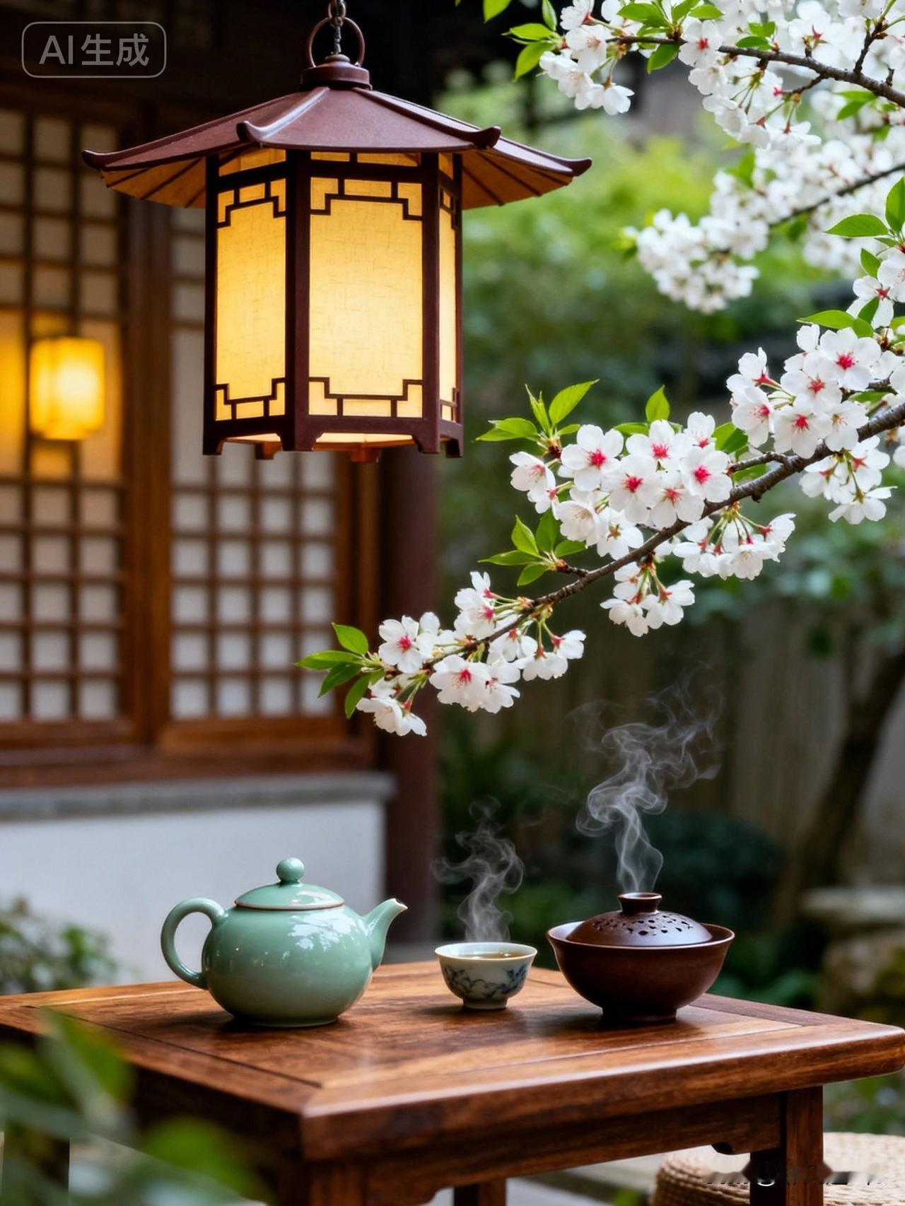 一盏灯下，茶香四溢，花枝招展。