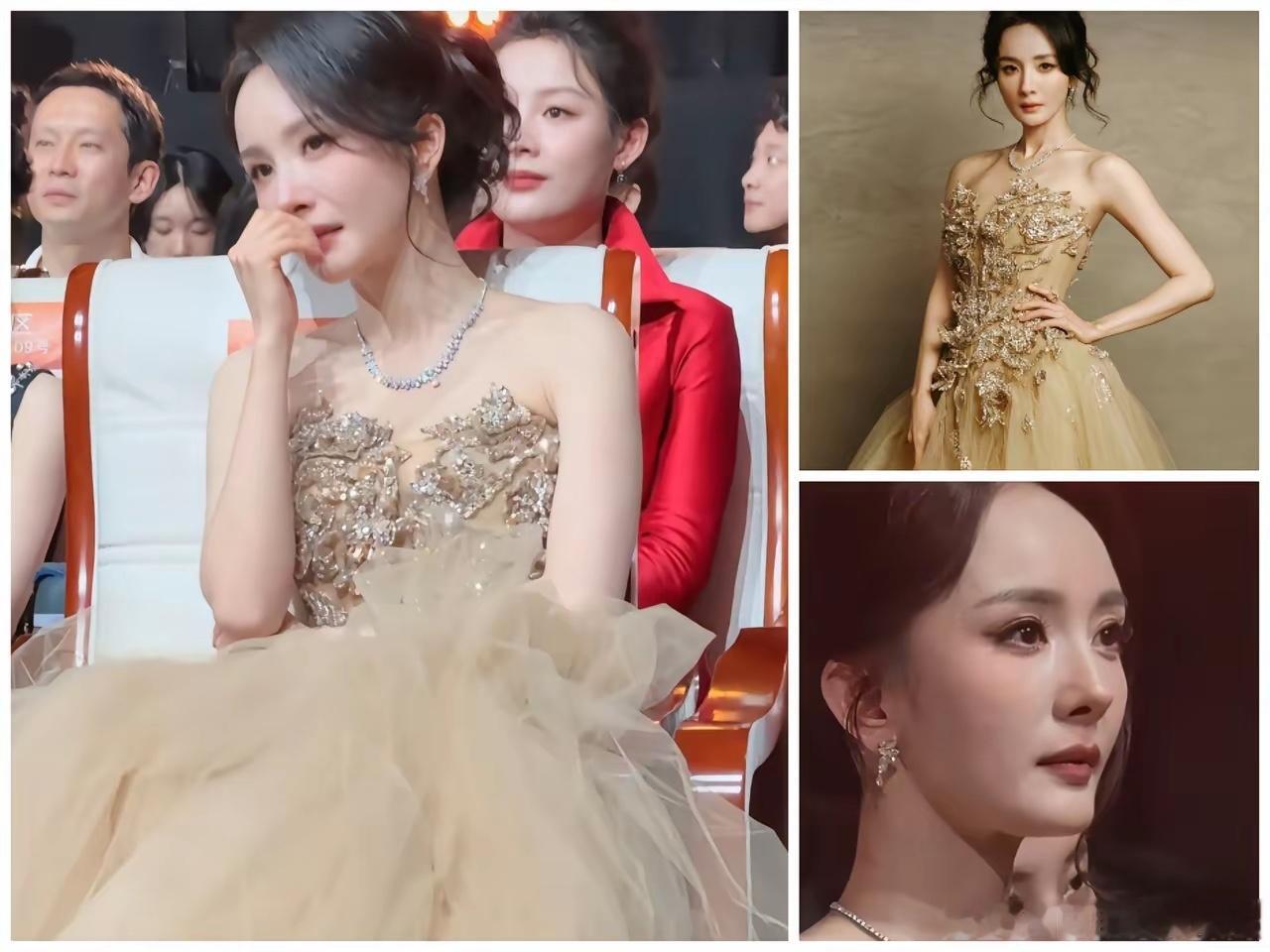 我想说，杨幂估计昨晚没睡好，高定加身，钻石项链戴着，高朋满座，带着从业以来演的最