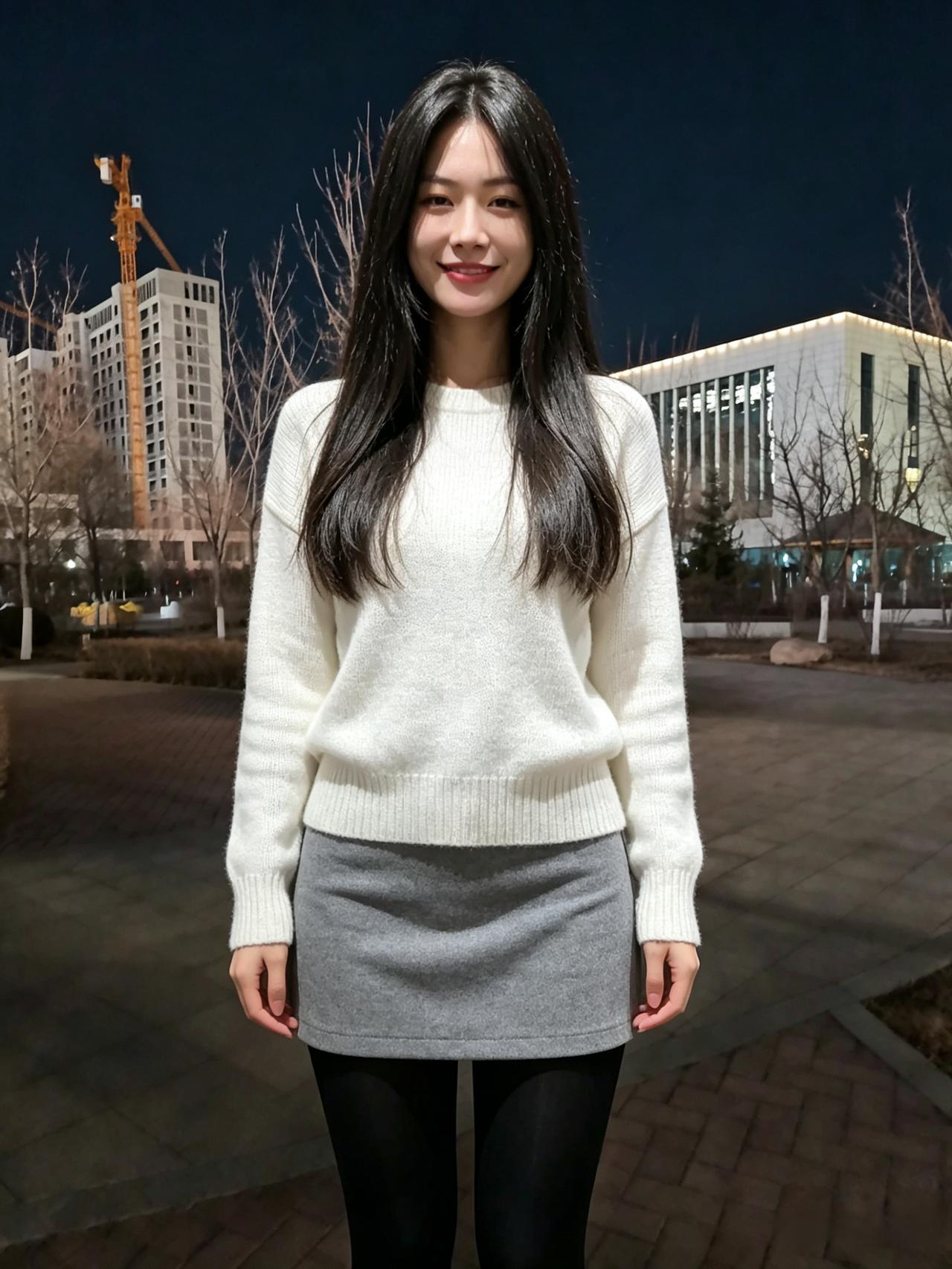 寒夜长街灯火微，白衫轻裹玉容归。
嫣然一笑春风近，不借华光自芳菲。