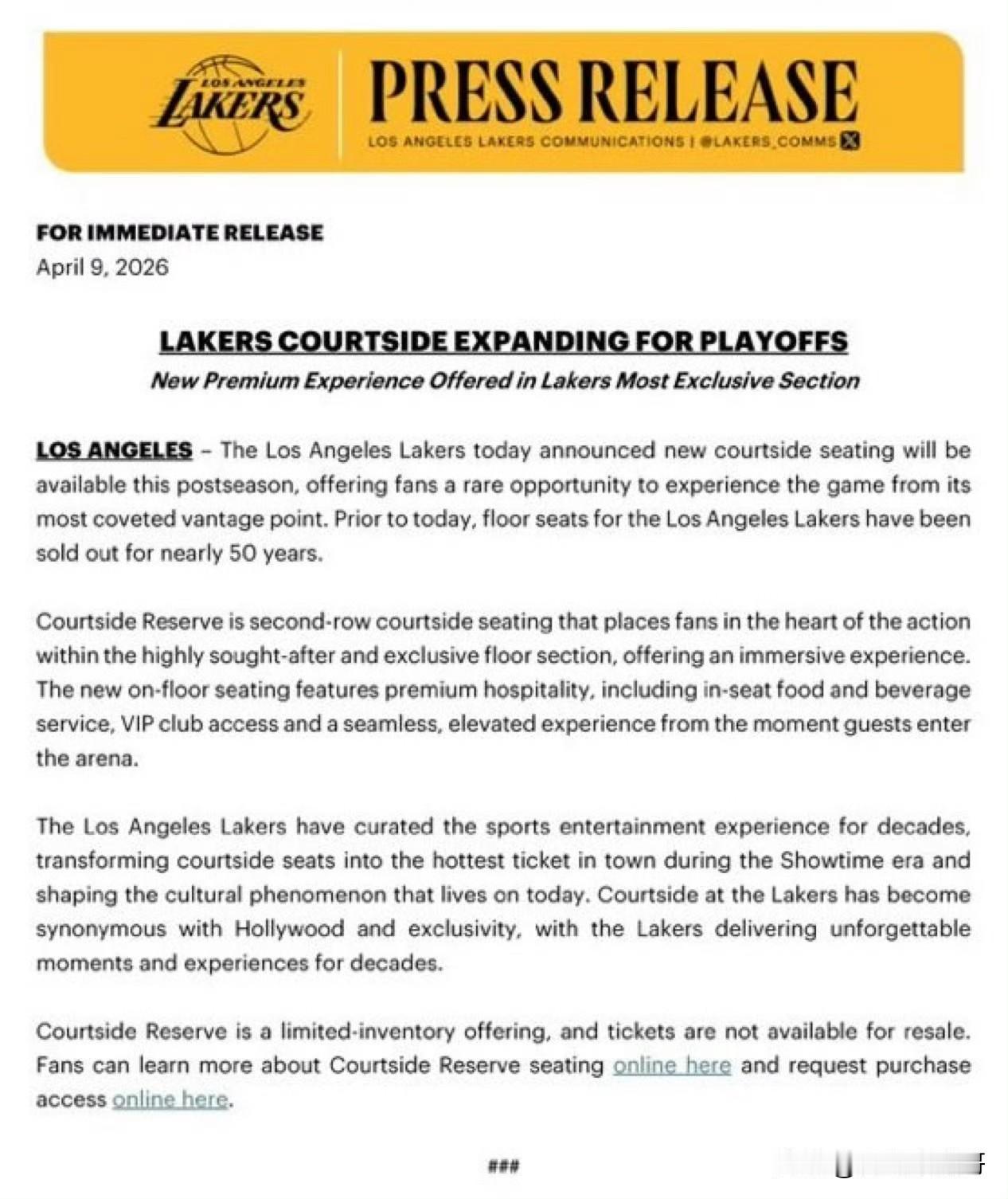 第一惨案现场！！！湖人季后赛期间开放新的第二排场边座位！

北京时间4月10日，