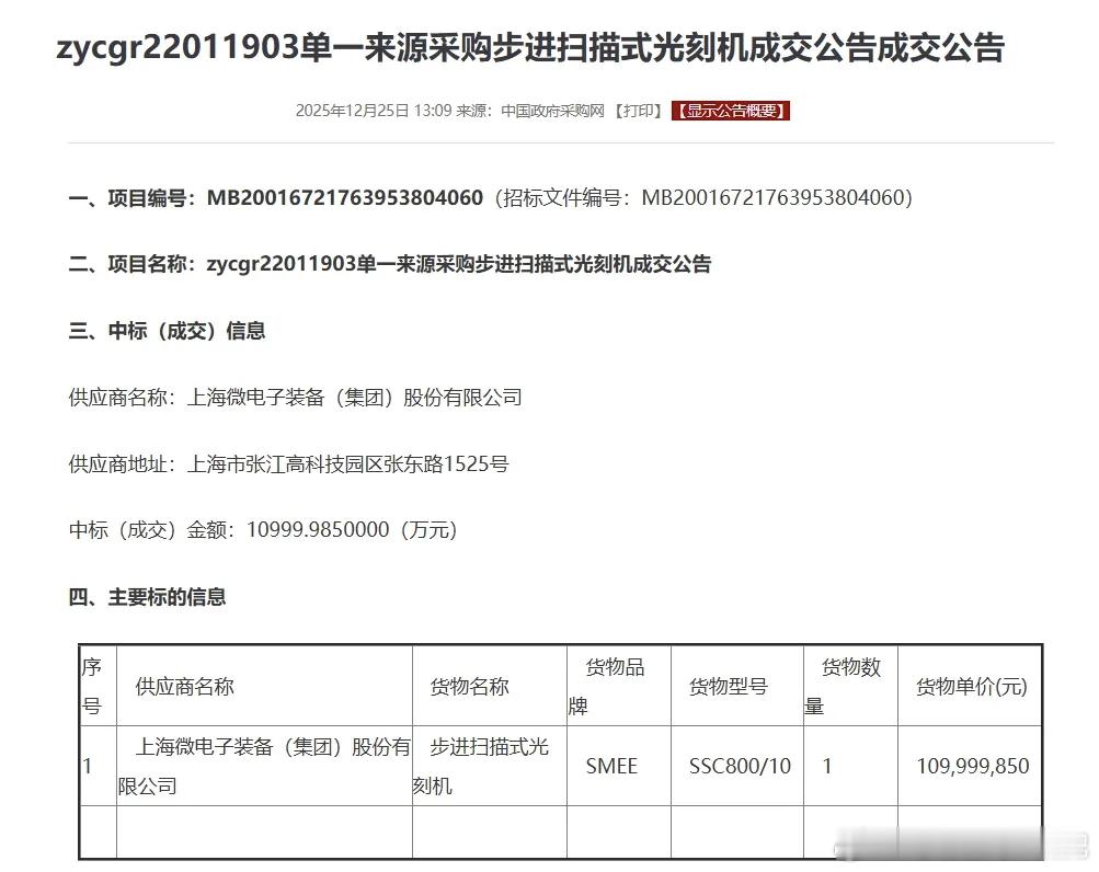 大新闻：中国政府采购网公示，上海微电子装备（集团）股份有限公司中标zycgr22