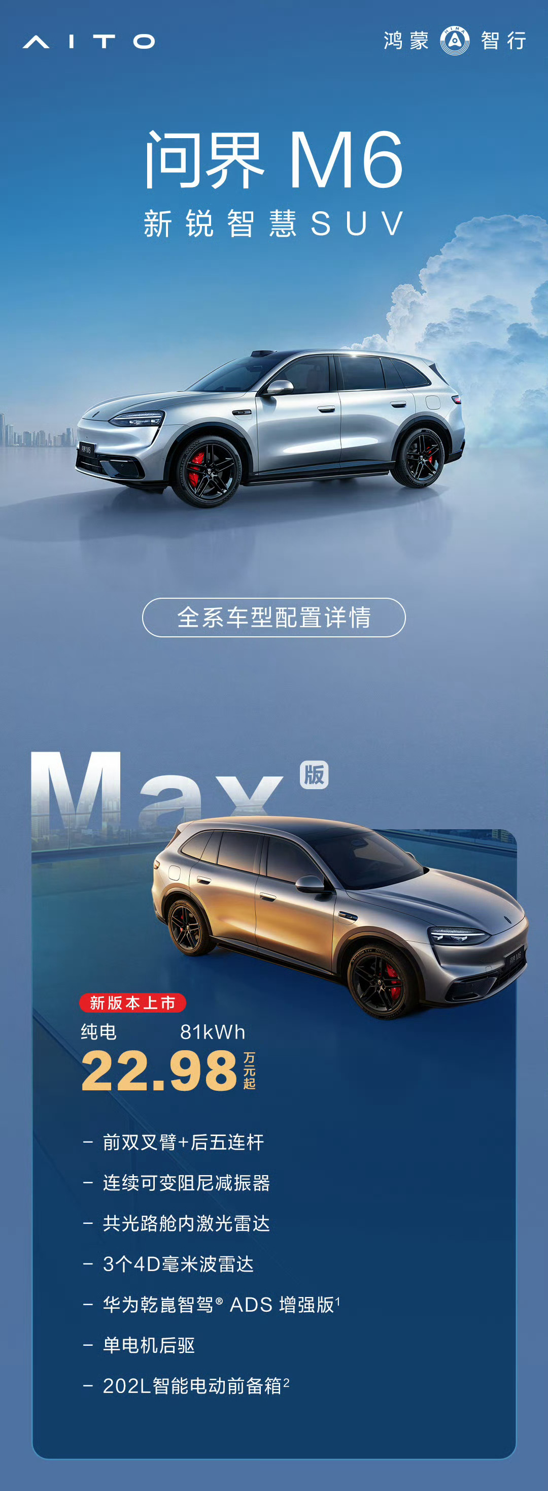 看直播了吗？问界M6的两个纯电新版本正式开售：✅ Max+：24.98万元在现款