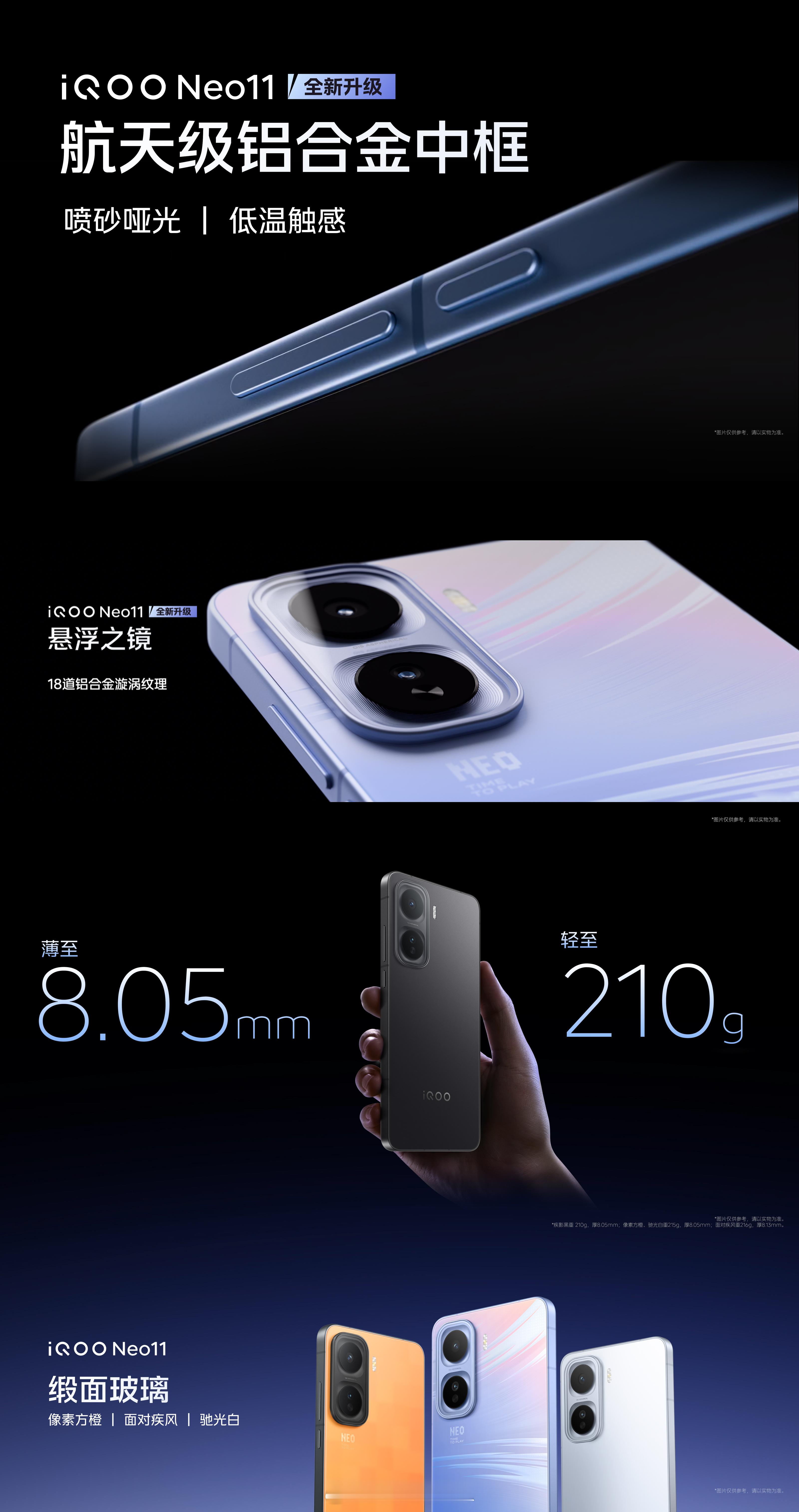 iQOO Neo11 升级航天铝合金，喷砂氧化处理，坚固散热佳，不留指纹；悬浮镜