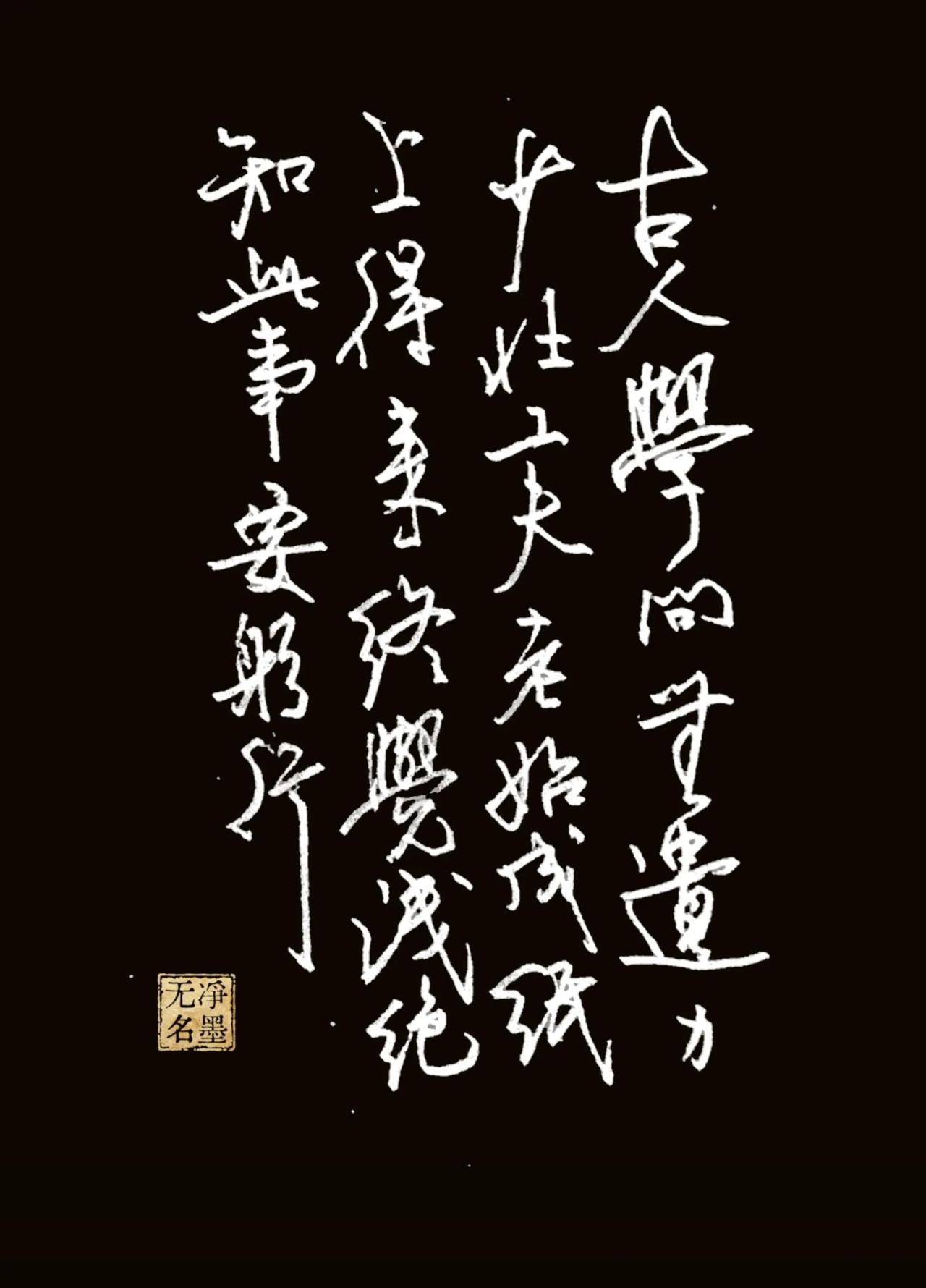 钢笔抄写
陆游《冬夜读书示子聿》
古人学问无遗力，
少壮工夫老始成。
纸上得来终