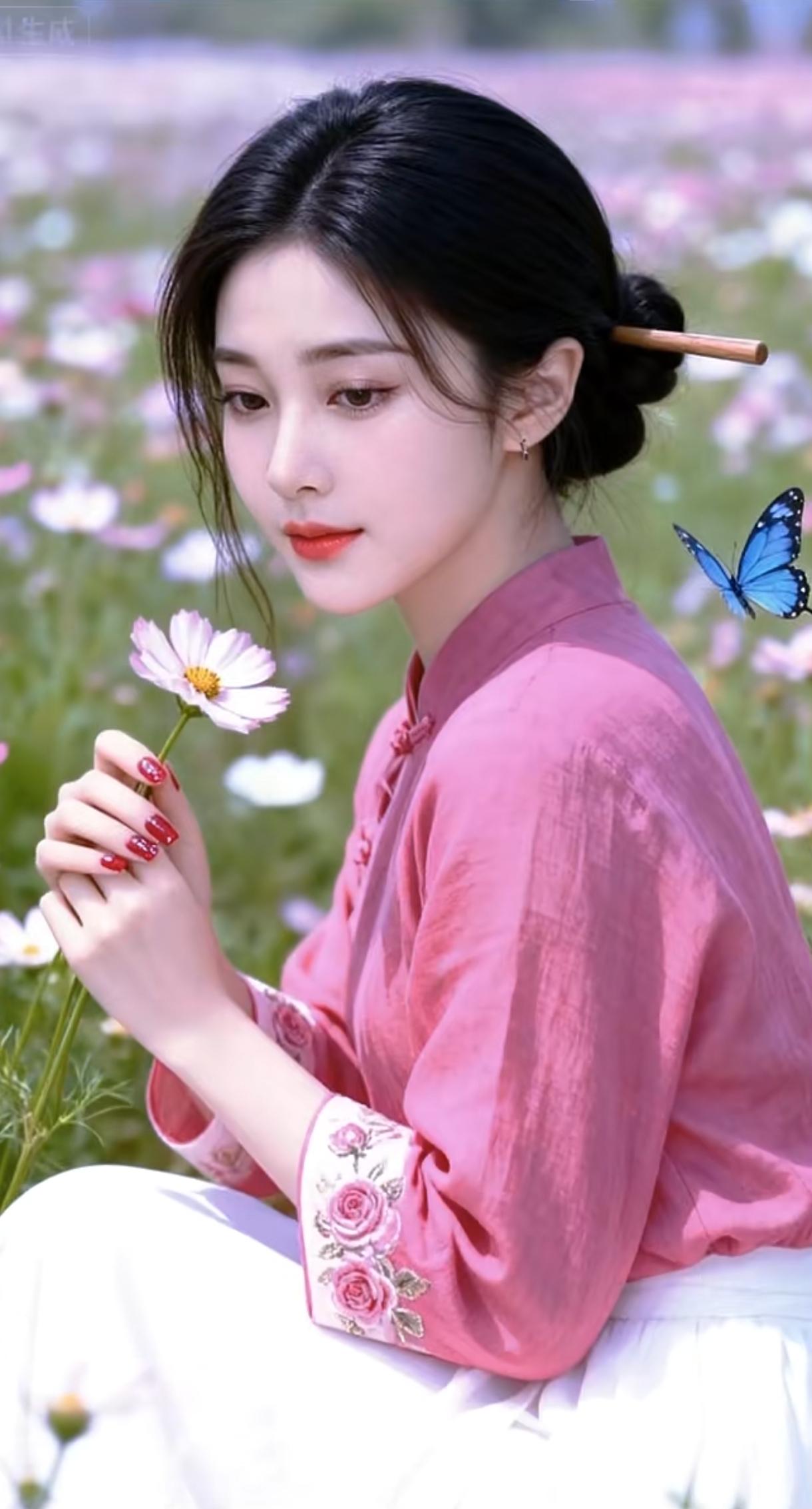 “春日花田中的少女，粉衣飘逸，蝴蝶翩翩起舞”🌸🦋💕手机随手拍原创图片 花海