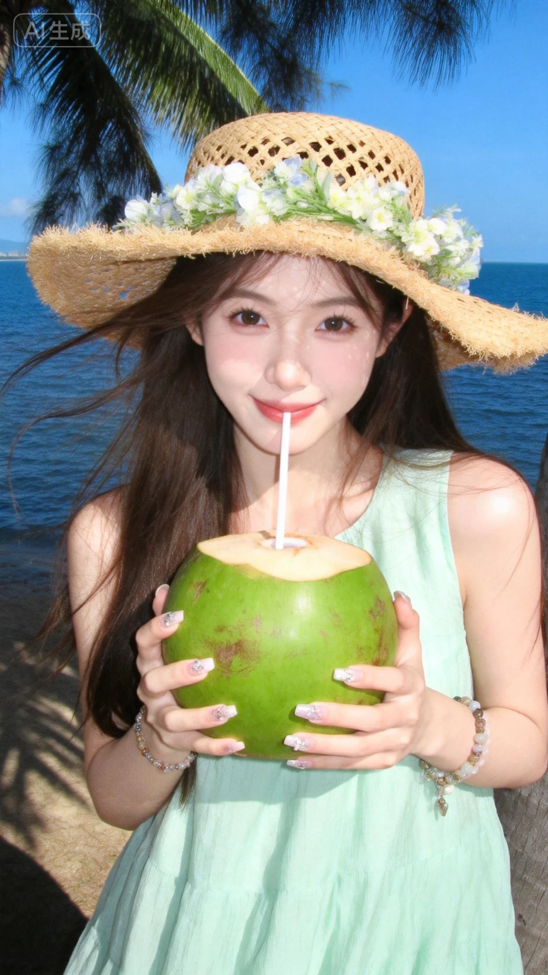 海边写真,背景为深蓝色海面，蔚蓝色天空，椰子树下，树影斑驳，近距离面部特写，19