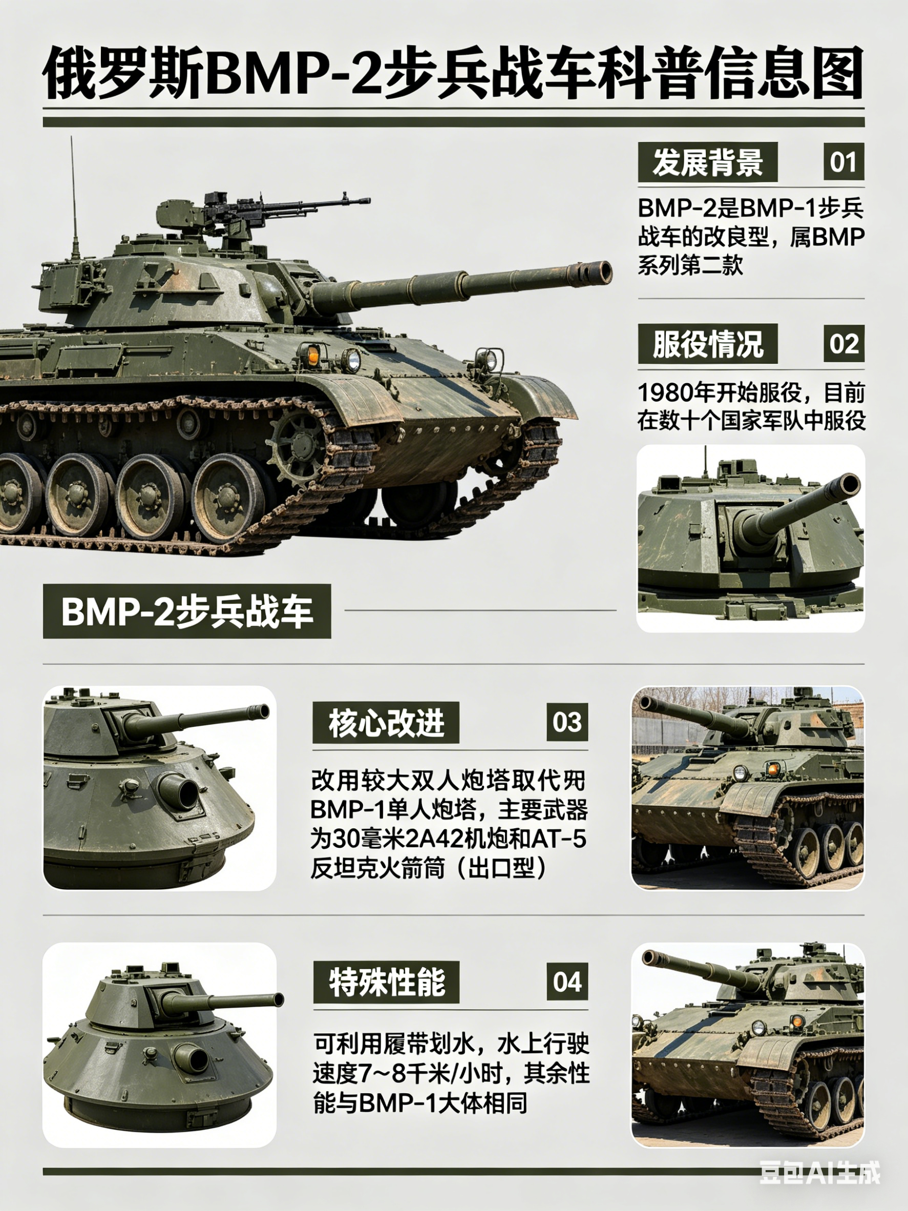 军事ai新视野 俄罗斯BMP-2步兵战车BMP-2是BMP-1步兵战车的改良型，