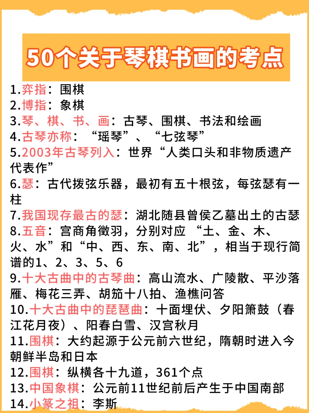 文化常识篇：50个关于琴棋书画的考点