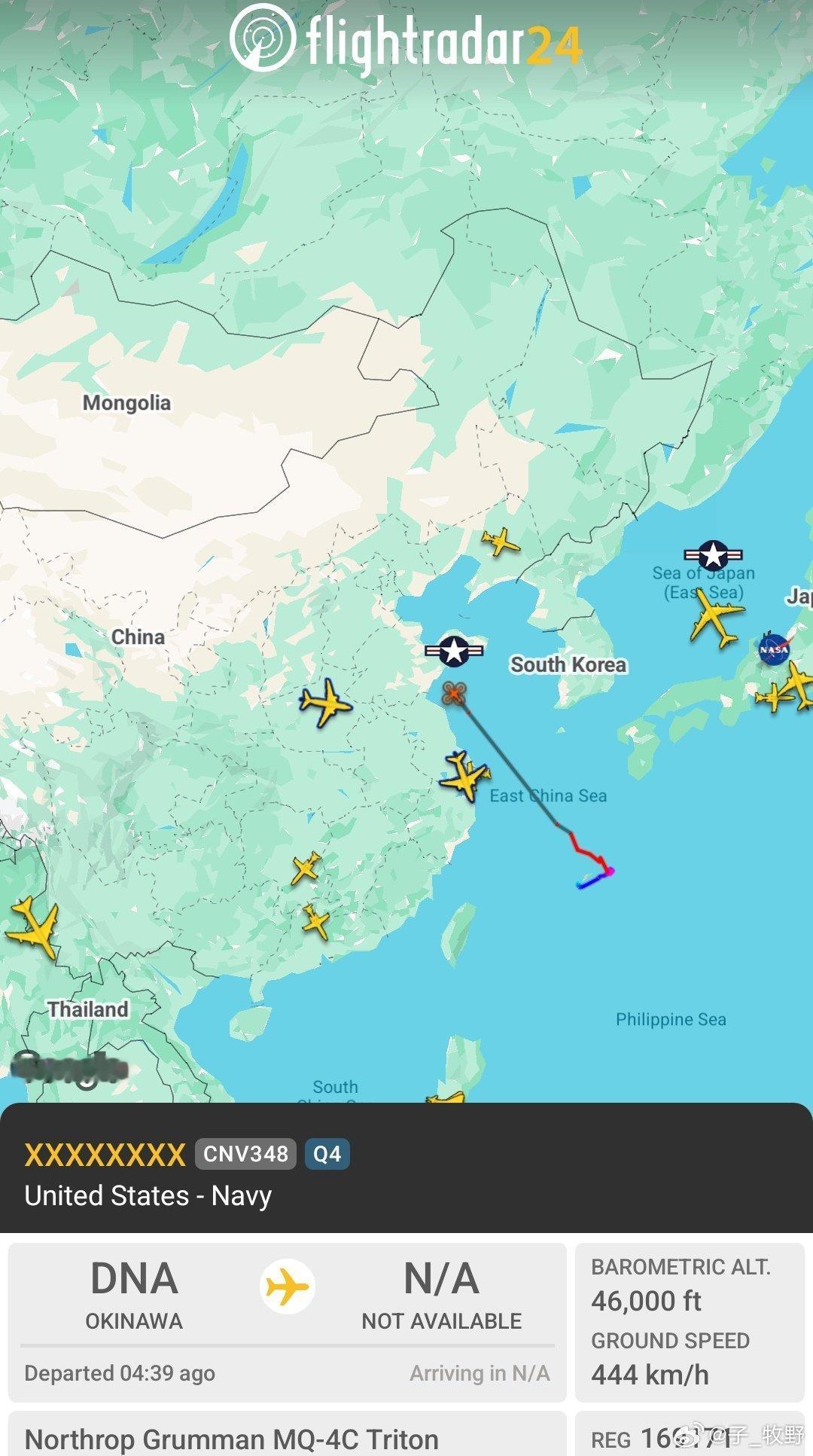 美国海军MQ-4C“海神”无人机正在收集有关东大的情报，美国空军RC-135S“
