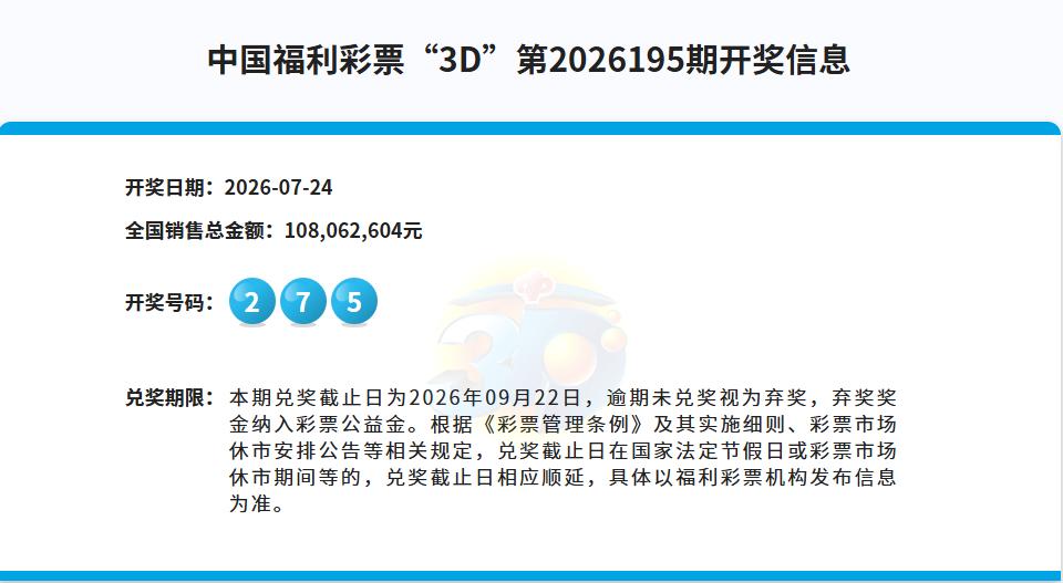 彩市观察：昨晚开奖的3D中奖号码是：275，百位数已经连续三期开出相同号，单期销
