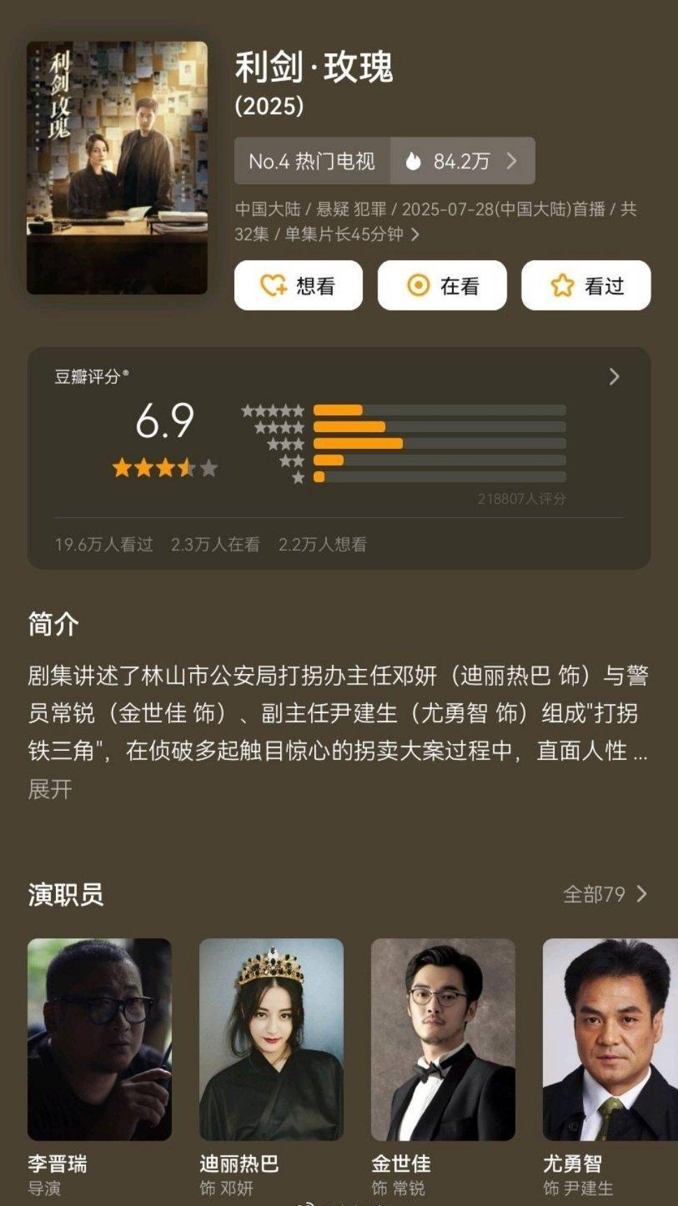 迪丽热巴金世佳《利剑玫瑰》豆瓣开分6.9 ​​​