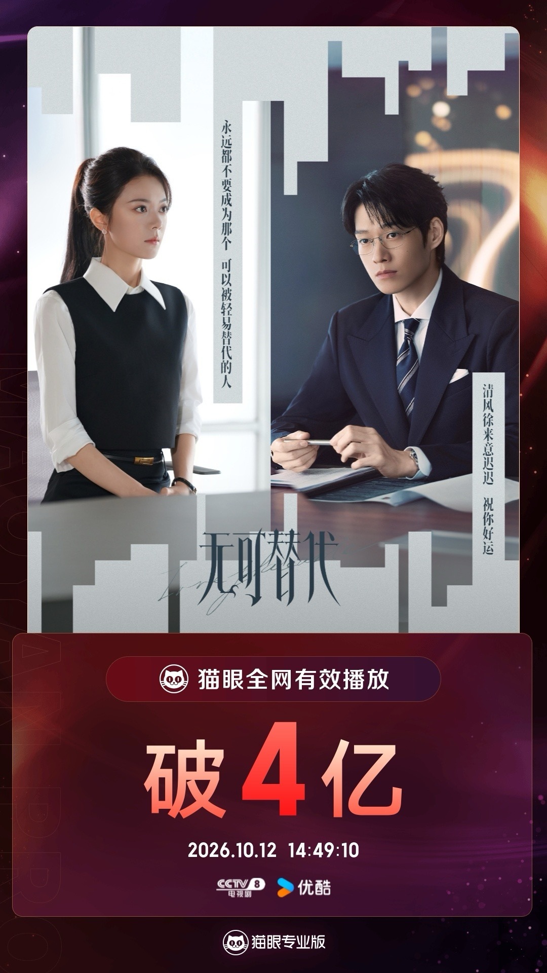 电视剧无可替代[超话]无可替代有效播放量破4亿 据猫眼专业版数据，领衔主演（按姓