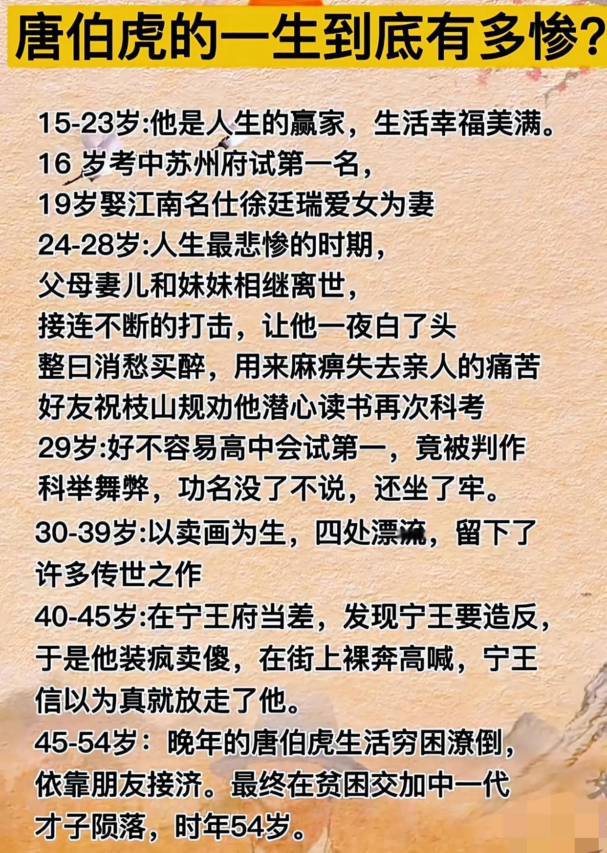 唐伯虎这一生也真够传奇的，
状元当过，也落魄过。
有才，但又太猖狂，不知道低调。