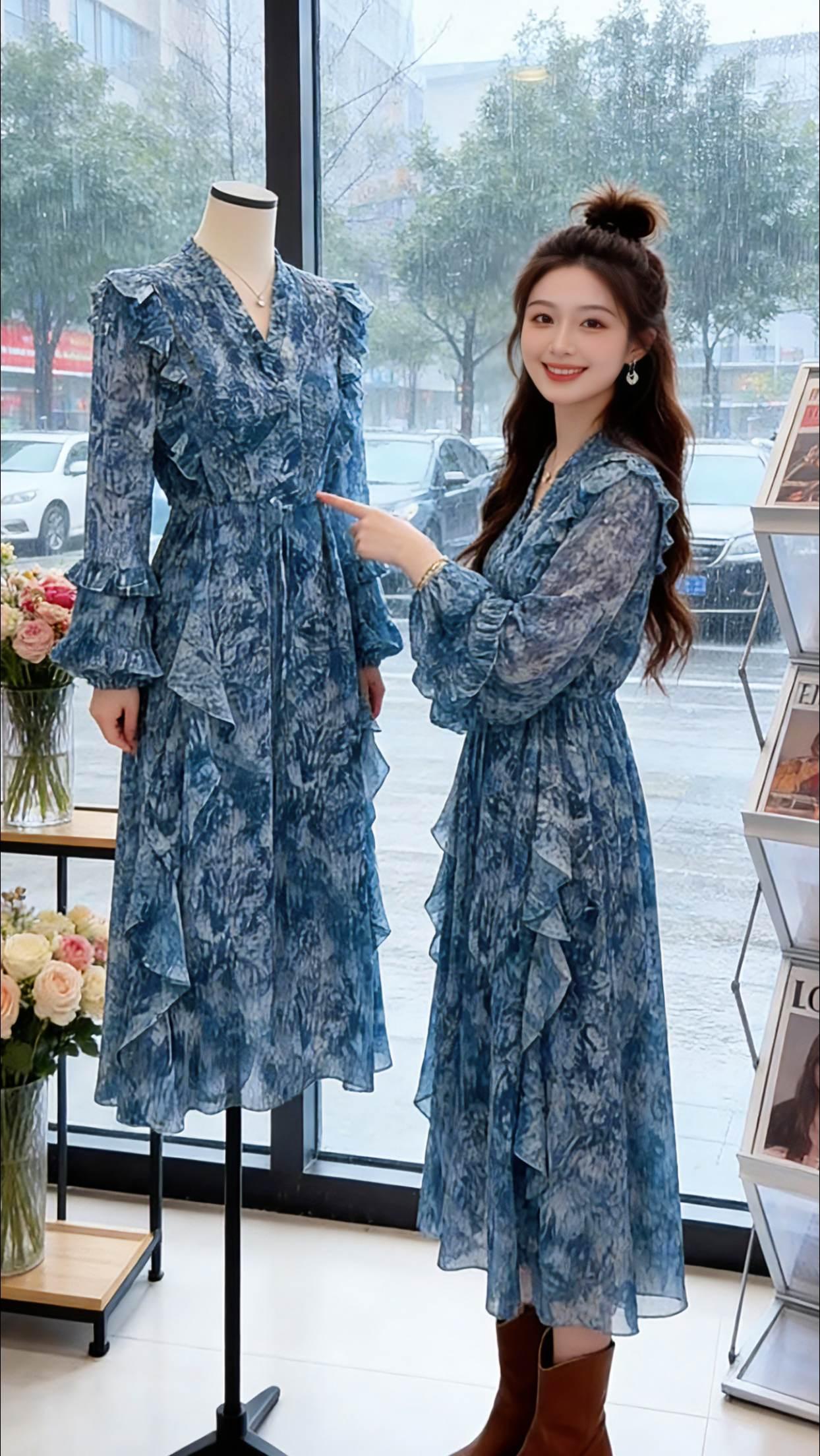 周末和Danny逛文艺小店，她身上这条碎花茶歇裙太戳人了。V领衬得脖颈线条超柔和