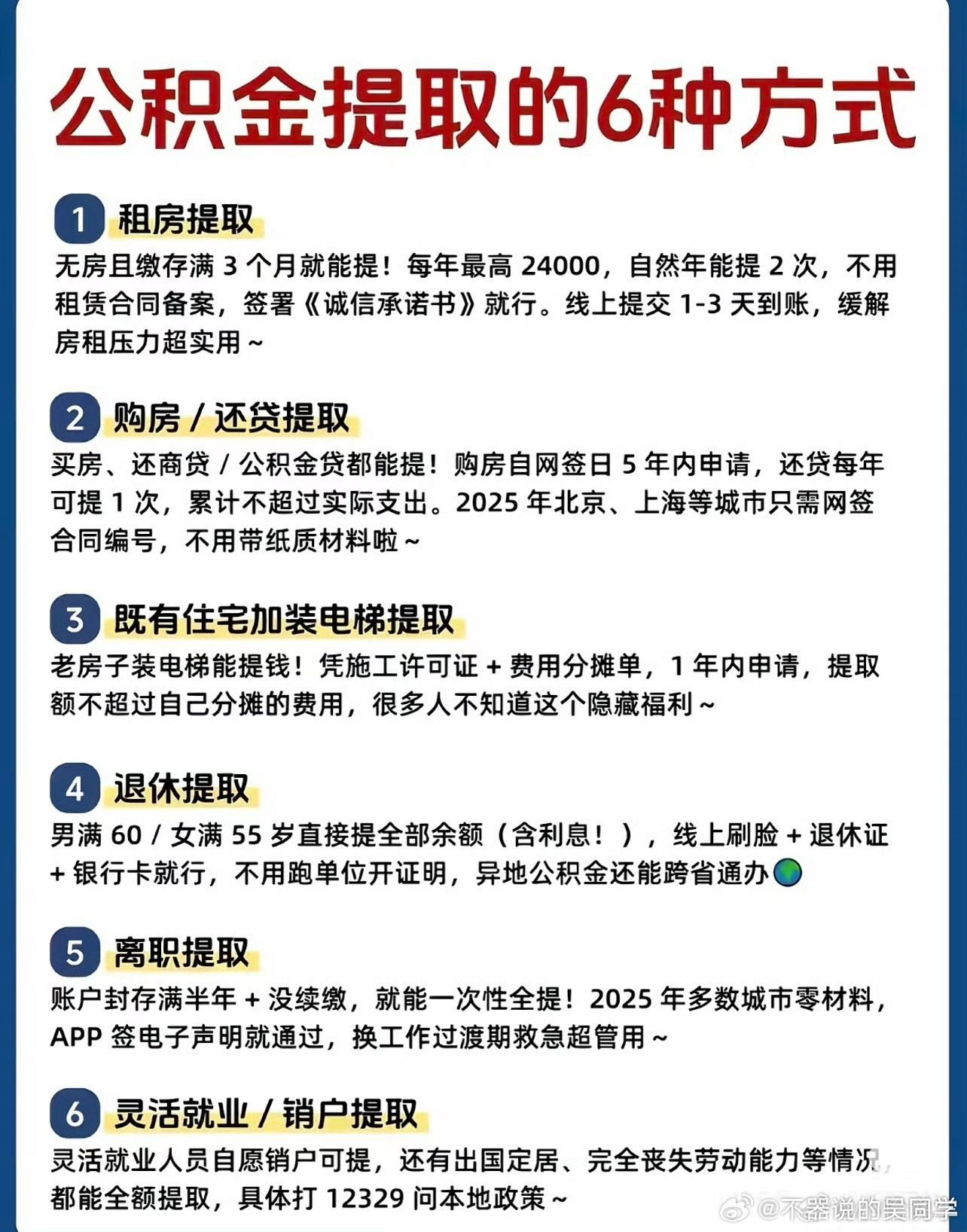 你的公积金将有新变化 今天刷到了公积金六个新增的提取方式，总的来说是更方便了，提