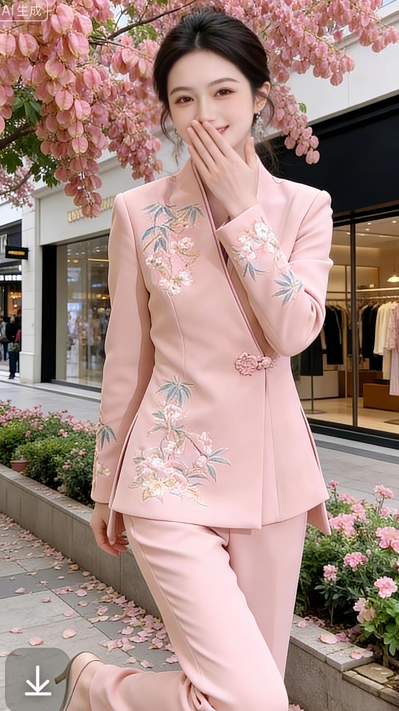 秋阳漫过商业街的橱窗，把一身粉绣西装染得温柔透亮。盘扣斜斜挽住中式风骨，花枝与竹