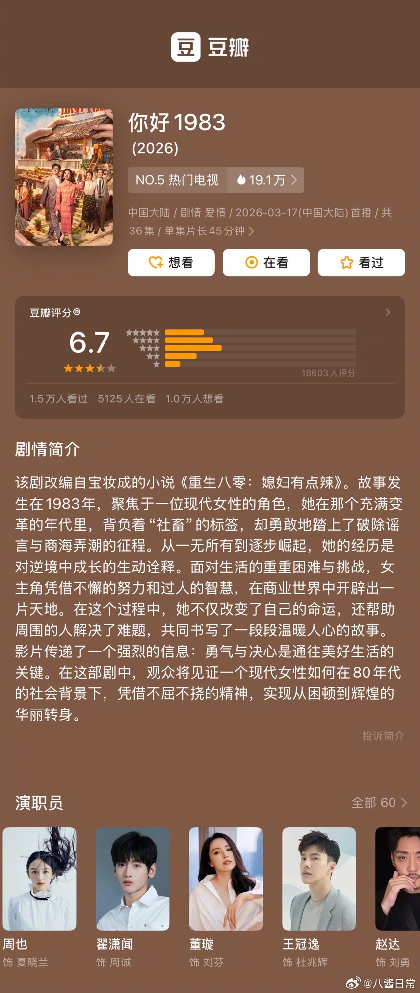 周也、翟潇闻《你好1983》豆瓣开分6.7分 