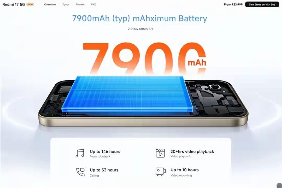海外入门手机市场现在越来越卷续航，REDMI 17 5G直接把电池堆到7900m