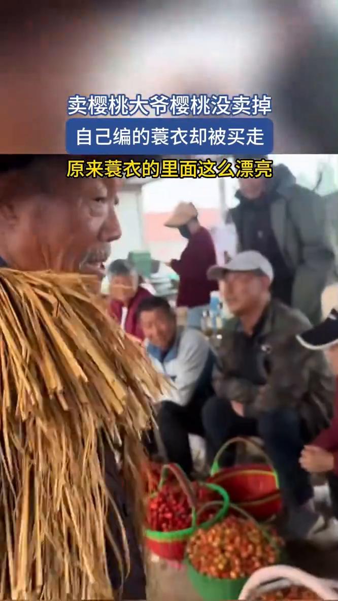 卖樱桃大爷樱桃没卖掉，自己编的蓑衣却被买走，原来蓑衣的里面这么漂亮。