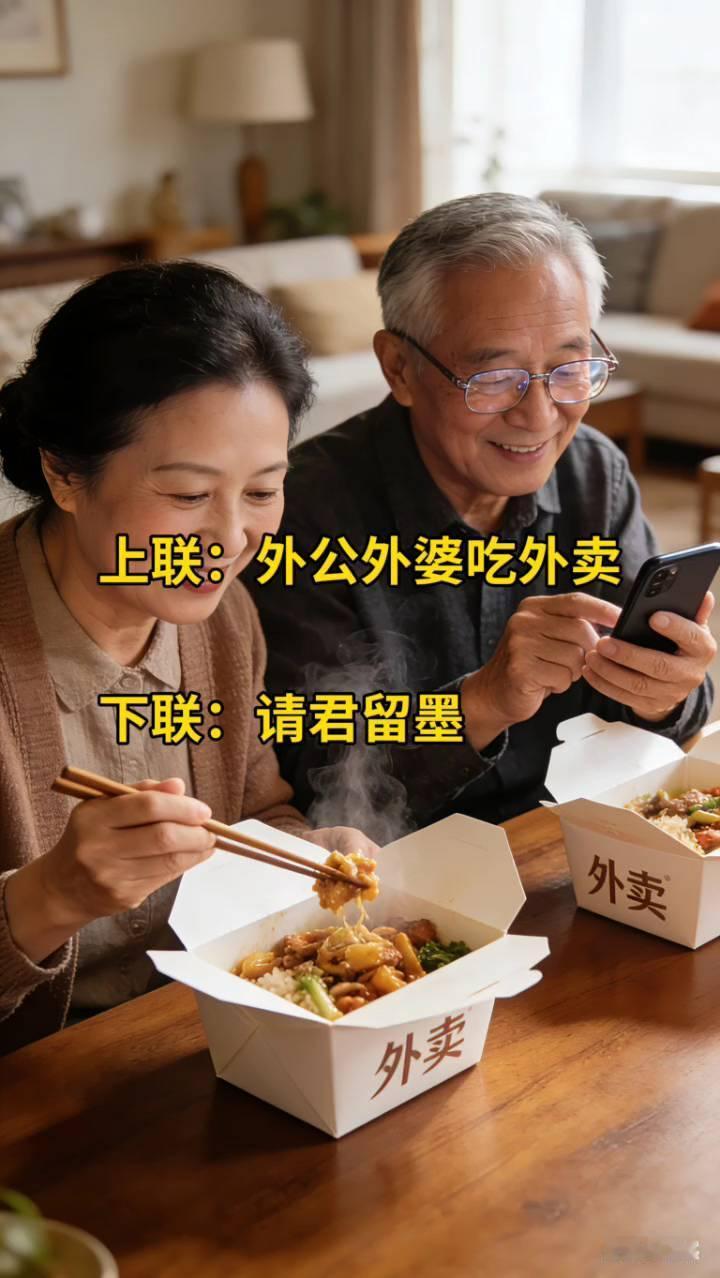 上联：外公外婆吃外卖。下联：请君留墨。