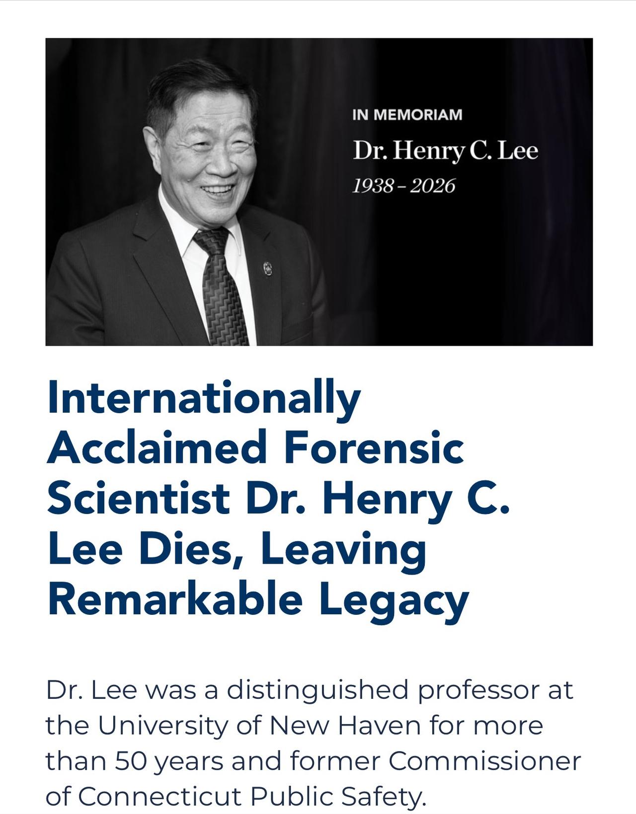 2026年3月27日讯——全球顶尖刑事鉴识科学家李昌钰博士，于内华达州亨德森市家