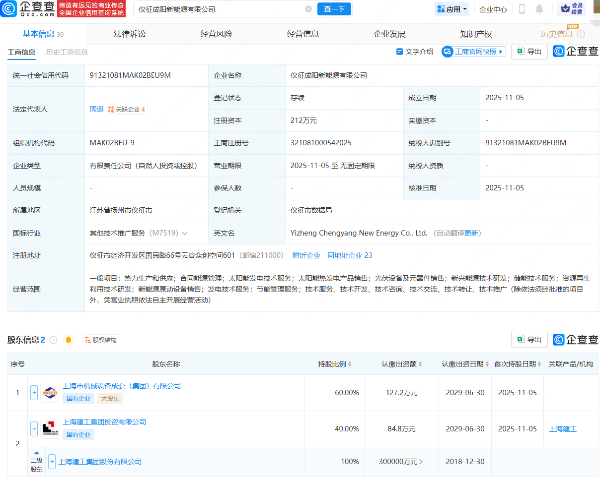 上海建工等成立新能源公司，含储能技术服务业务