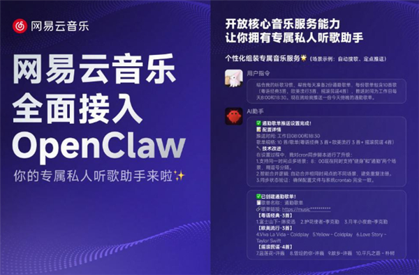 【网易云音乐宣布接入OpenClaw  向开发者开放核心音乐服务能力】据媒体报道