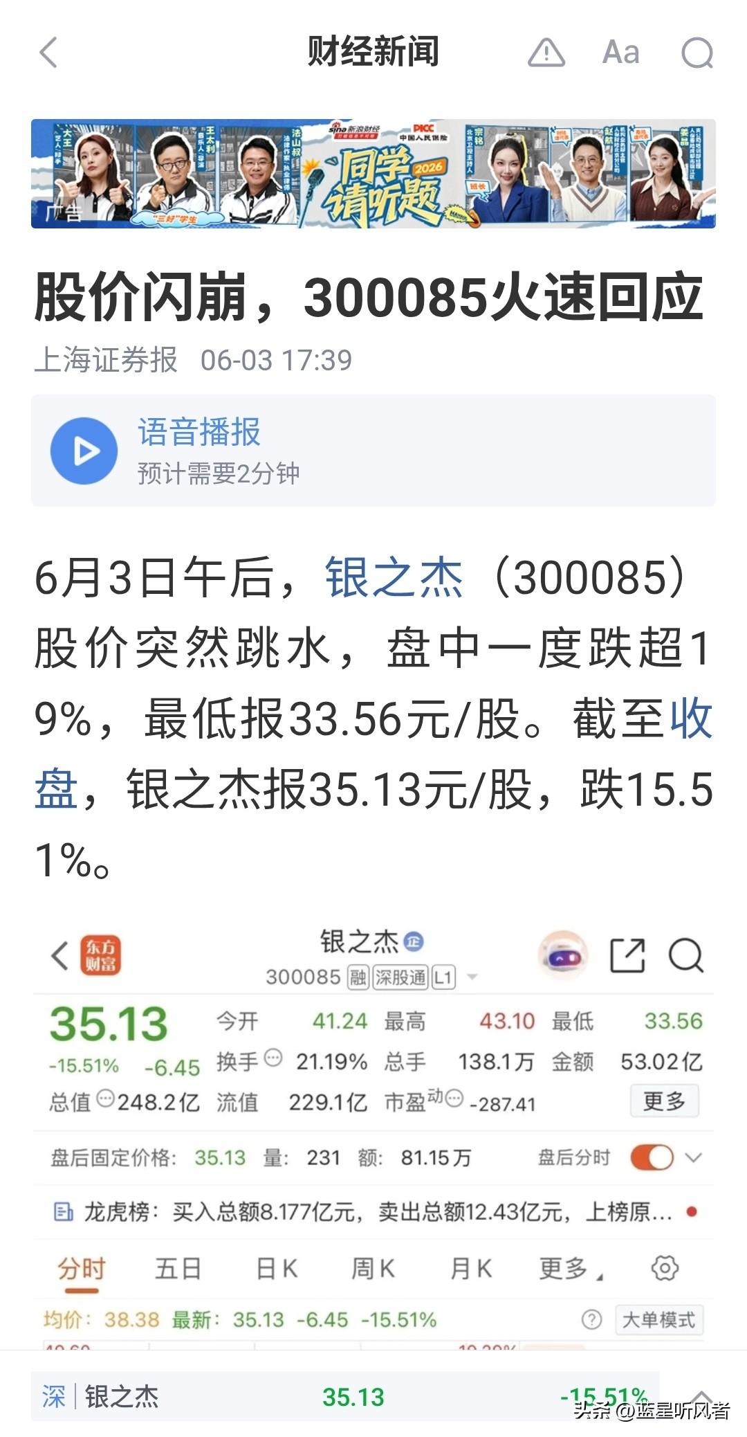 银之杰突发盘中闪崩大跌，源头竟是股吧流传的一则利空小作文。
 
盘中各大股民社群
