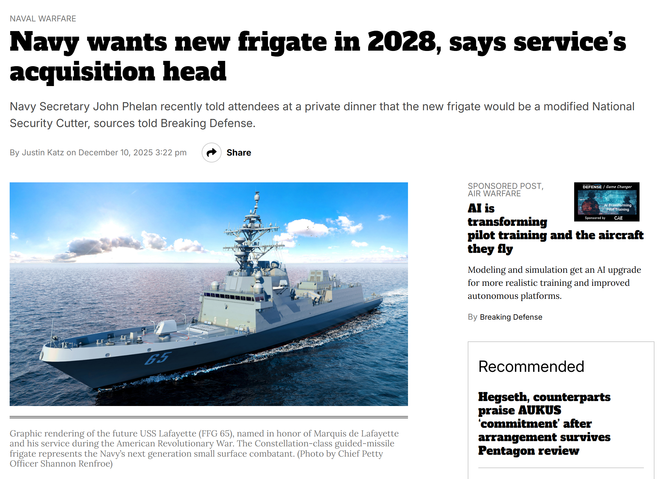 美帝海军部长宣称，希望新型护卫舰（星座级代舰）首舰能在2028年下水，并透露新型