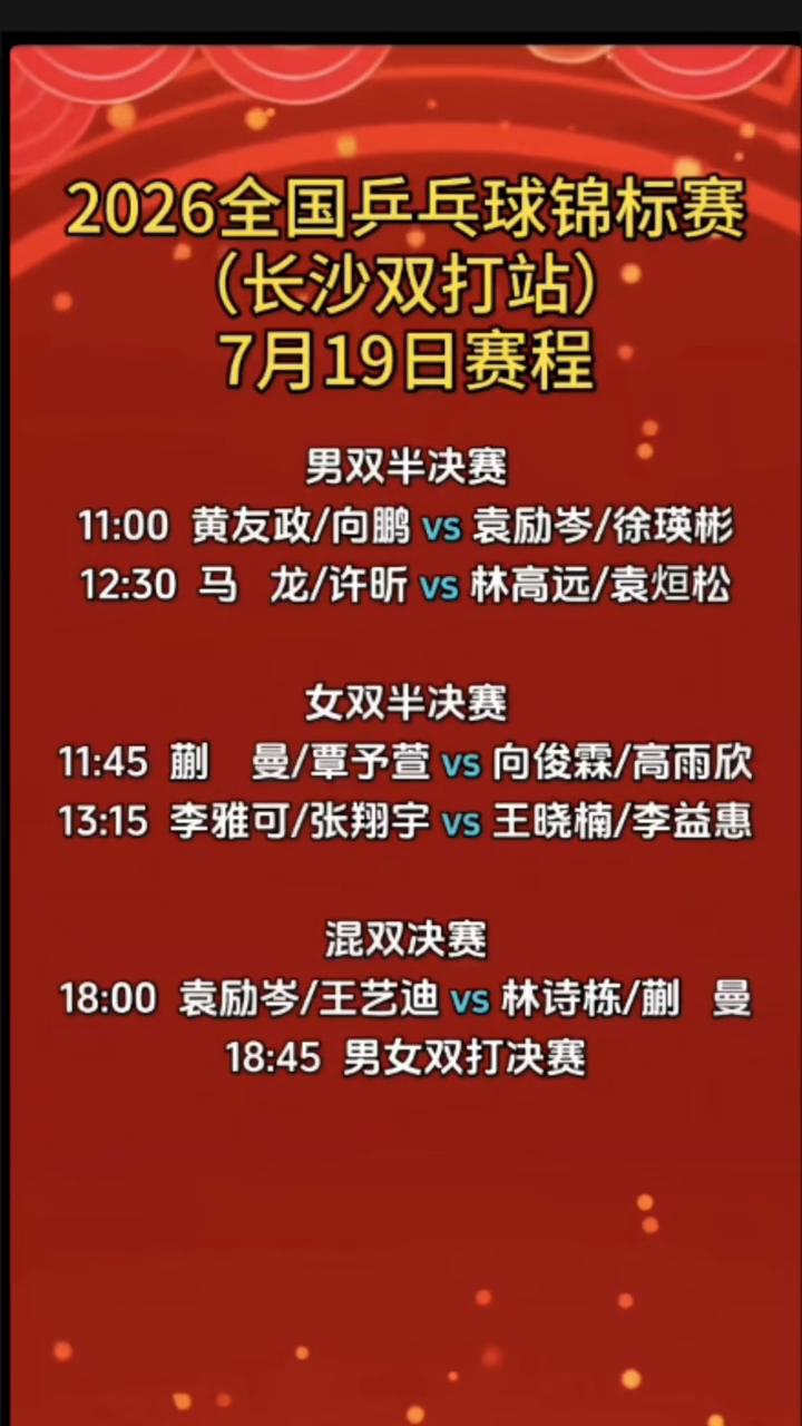 2026全国乒乓球锦标赛(长沙双打站)7月19日赛程。
·男双半决赛：11：00