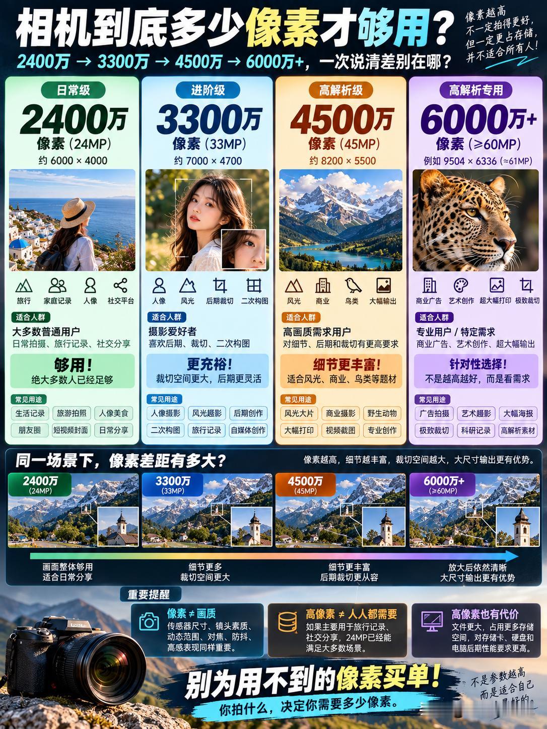 相机到底需要多少像素？一图告诉你答案。
 
很多人买相机，总觉得“像素越高越好”