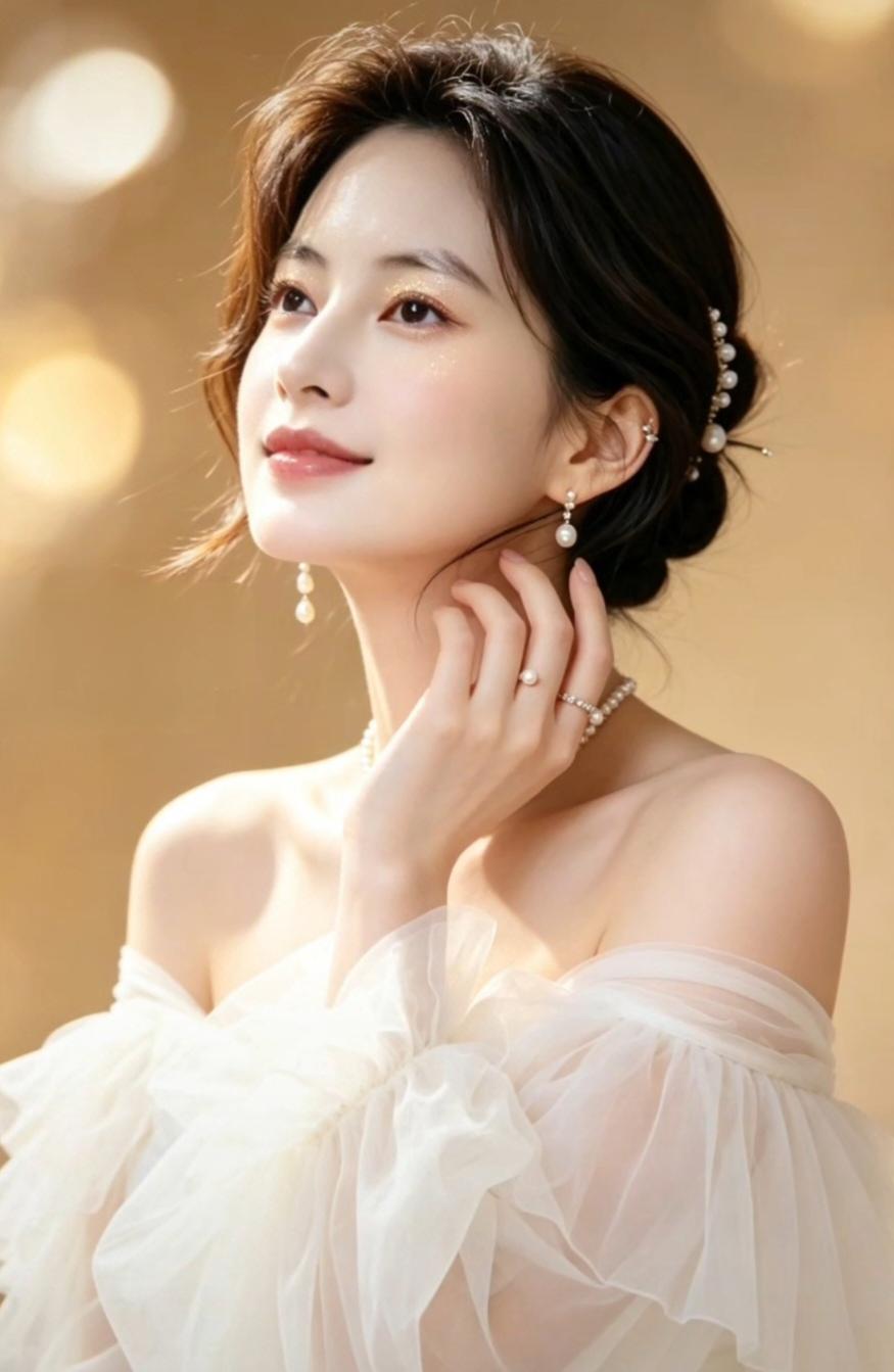 她穿着白色礼服，优雅动人。