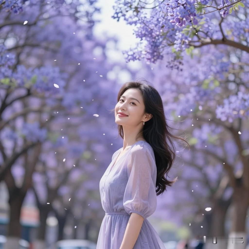 蓝花楹～七绝
文/小溪若岚
街边绿树绽蓝花，
旭日东升接彩霞。
不与杏桃争艳丽，
