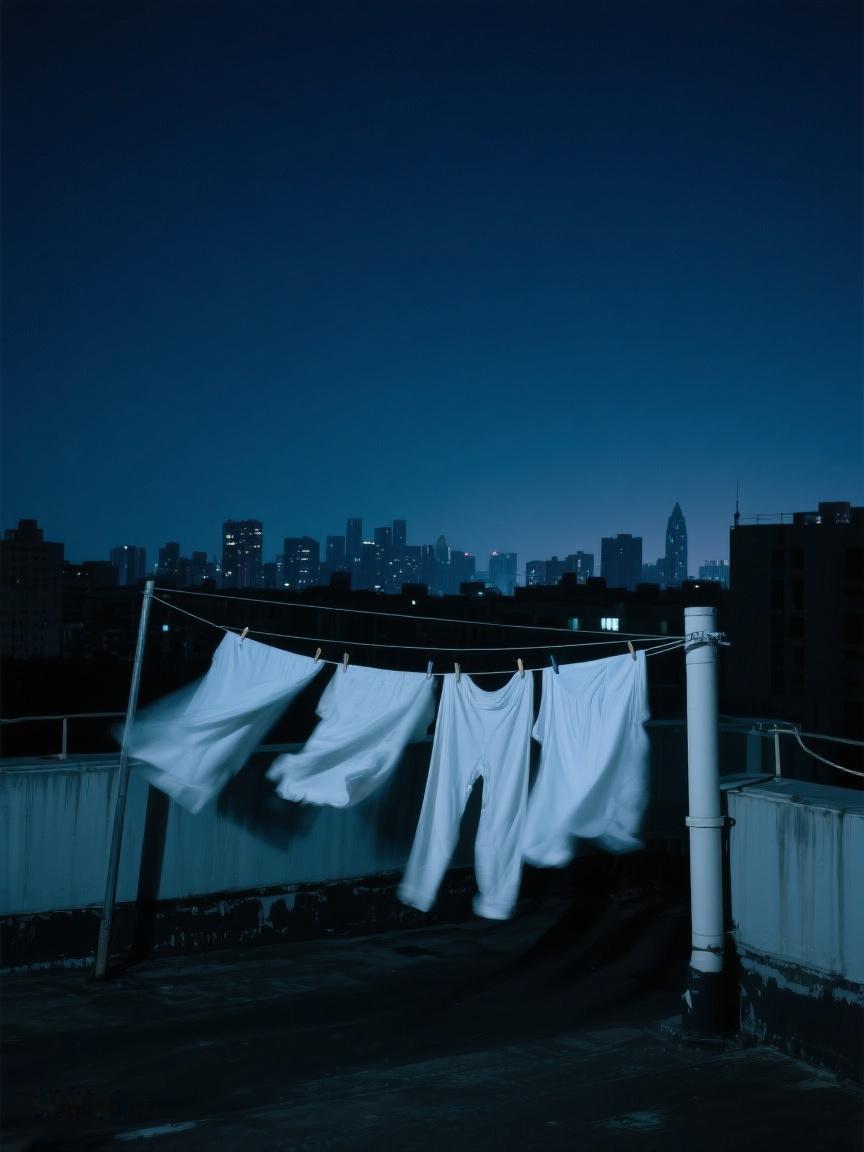 AI妙生图夜色里，白衫随风飘，似城市的思绪在轻舞，于静谧中诉说生活的灵动与自由?