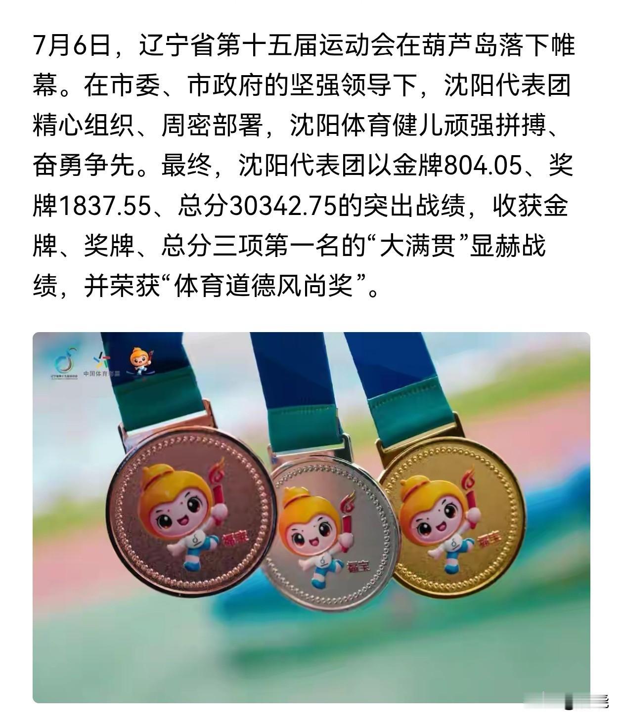 2026年7月6日，第十五届辽宁省运动会在葫芦岛落下帷幕，恭喜沈阳市获得金牌🥇