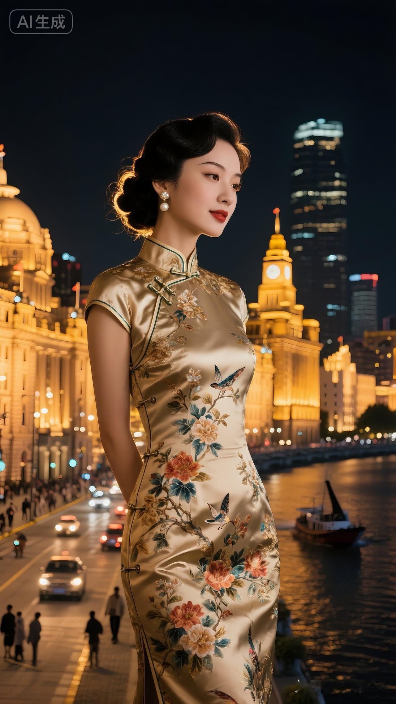夜色中的东方美人，金光闪闪的旗袍，惊艳了时光！