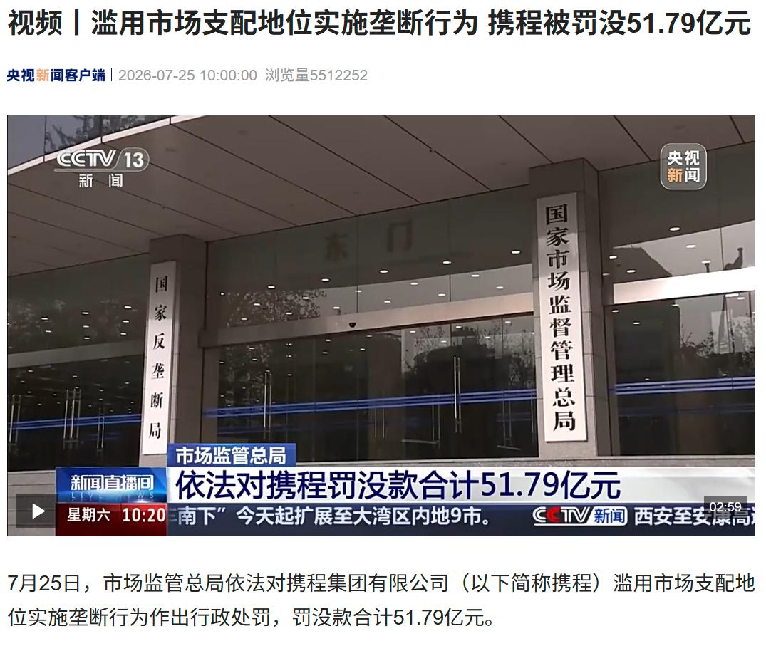携程垄断案终于判了，罚了51.79 亿元，看上去是重罚，但其实压力不大，只占携程