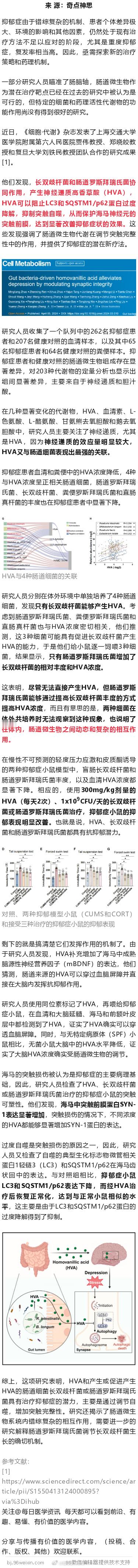 《细胞·代谢》：上海交大/复旦团队发现，肠菌产生的高香草酸通过调节突触完整性抗抑