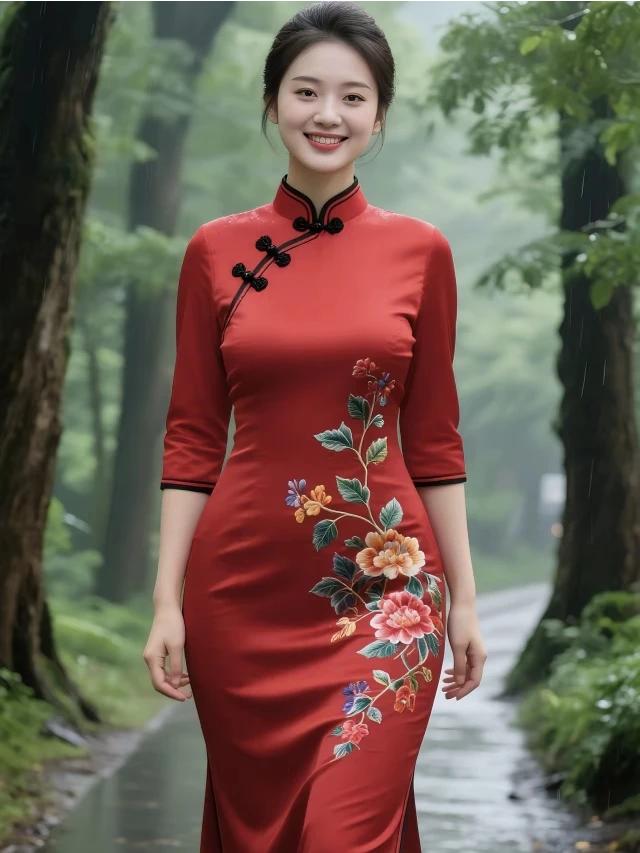 旗袍雅致衬娇容，
红底牡丹韵味生。
眉似春山寒远黛，
眸若秋水映繁星。