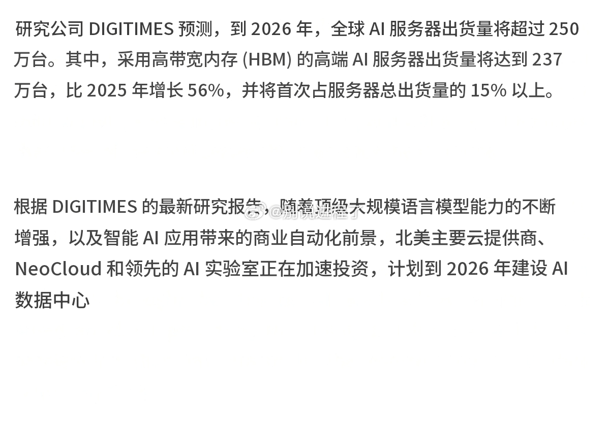 DIGITIMES：全球AI服务器出货量将在2026年超过250万台> 使用HB