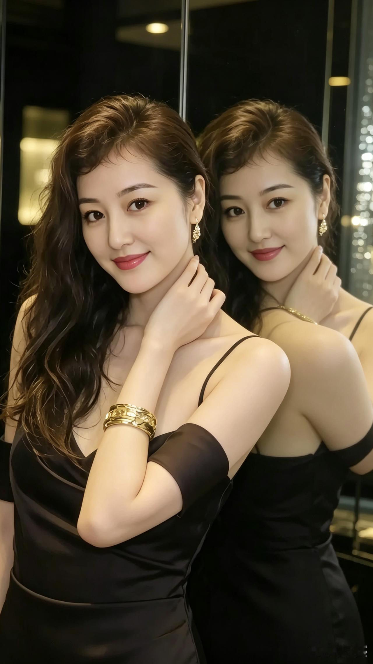 黑金佳人
卷发似云泛柔光
黑金相衬玉肌香
金环耳畔清音响
宽镯腕间耀彩光
玉臂轻