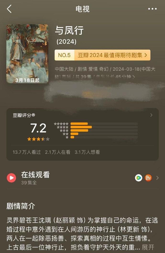 《与凤行》收官豆瓣评分7.2，爱看仙侠剧！喜欢颖宝！五分好评推荐。1.这部剧片头