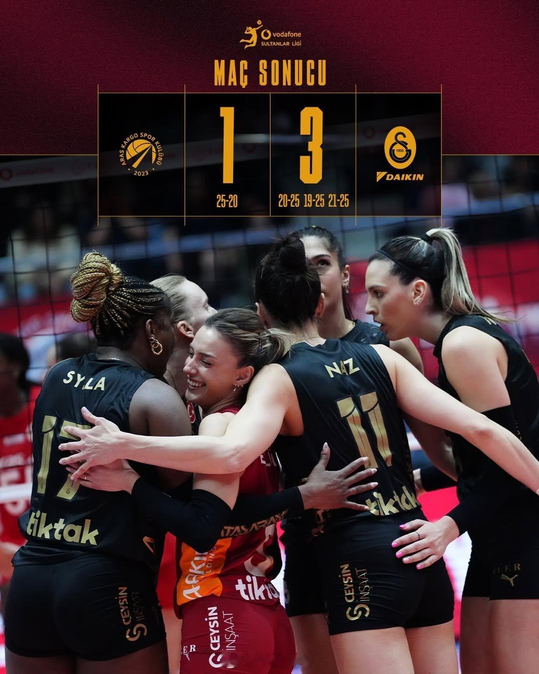 凌晨结束的2025-2026女排土超 五、六名决赛第一场，加拉塔萨雷在客场以3-