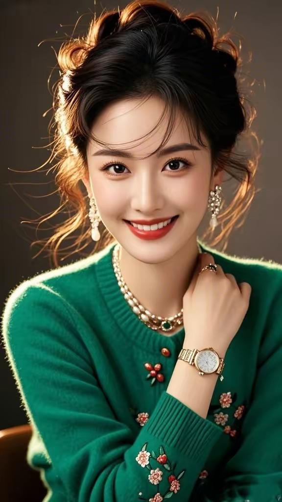 温柔甜美的少女，绿色毛衣搭配珍珠项链，微笑动人！