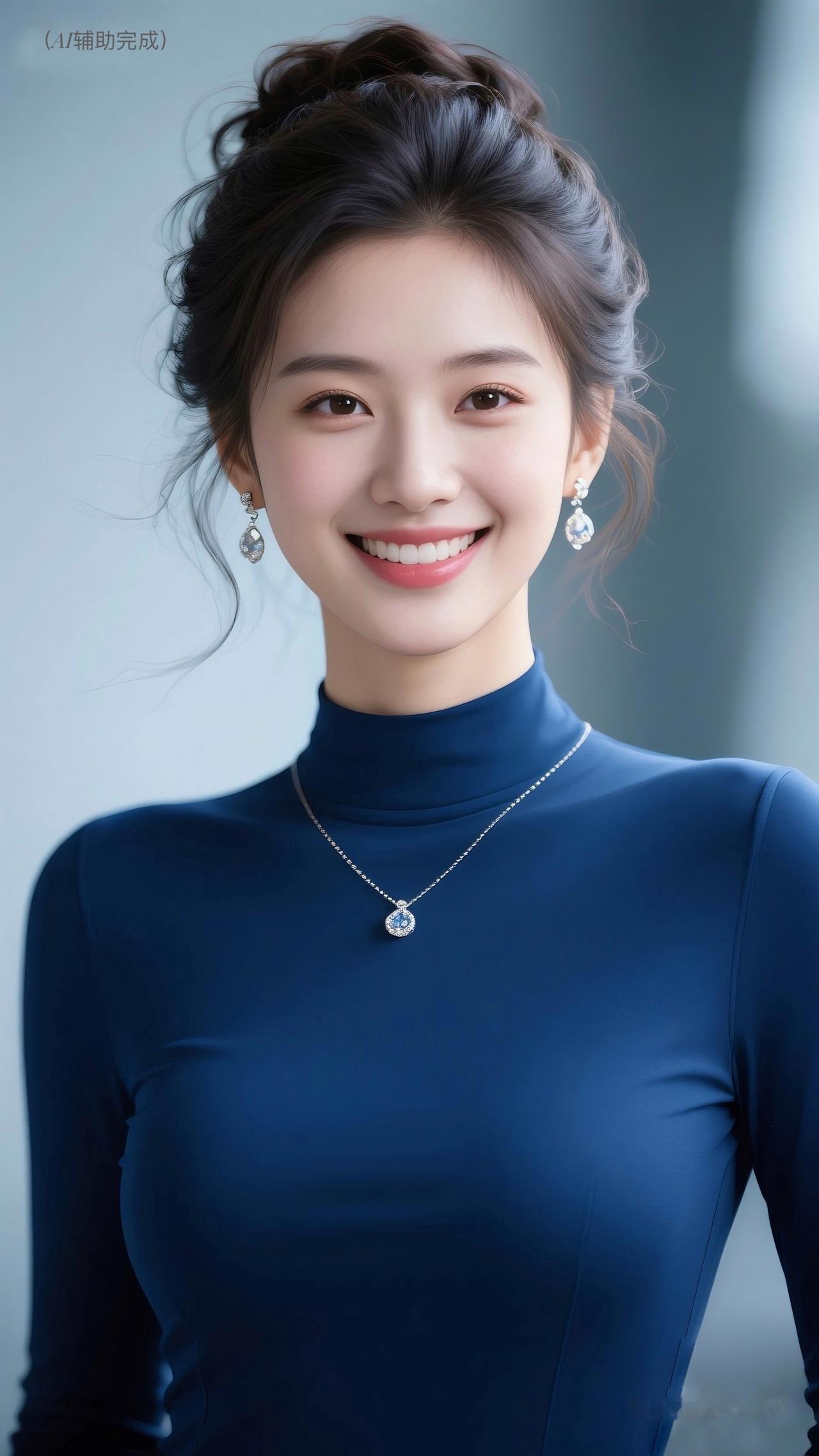 深蓝衣裹温婉，盘发垂碎发添柔。蓝宝钻石耳坠项链映眸，眉眼弯弯笑靥甜，眼神亮如星。
